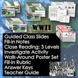 Collection of educational materials related to WWII on a world map background.