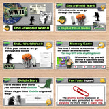 Educational materials on World War II and Japan, including digital fill-in notes, memory game, and fun facts.