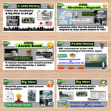 Educational posters about World War II and the atomic bomb on a wooden surface.