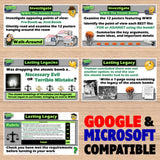 Educational posters on World War II and atomic bombs with text and graphics.