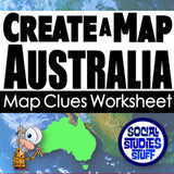 Worksheet titled 'Create a Map Australia' with a cartoon character and map of Australia on a blue background.