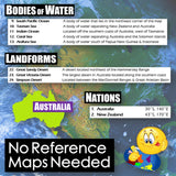 Educational poster about bodies of water, landforms, and nations with a map of Australia.