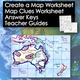 Map worksheet with Australia labeled, surrounded by text about map clues and answer keys.