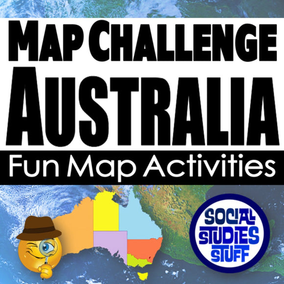 Promotional graphic for 'Map Challenge Australia' with a map of Australia and a cartoon emoji, featuring the brand 'Social Studies Stuff'.