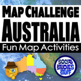 Promotional graphic for 'Map Challenge Australia' with a map of Australia and a cartoon emoji, featuring the brand 'Social Studies Stuff'.