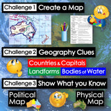 Educational poster with map challenges and related items on a world map background.
