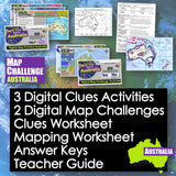 Educational materials for a map challenge on Australia with digital clues and activities.