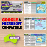 Educational materials about Australia on a wooden surface with 'Google & Microsoft Compatible' text.