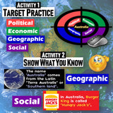 Educational material with maps, text, and brand logos on a blue background