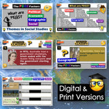 Collection of educational materials on social studies themes with digital and print versions displayed.