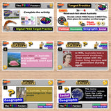 Educational software interface with various educational activities on a wooden surface.