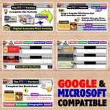 Educational software interface with multiple screens on a wooden surface, featuring Google and Microsoft compatibility text.