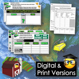 Educational materials with text and graphics on a world map background, featuring digital and print versions.