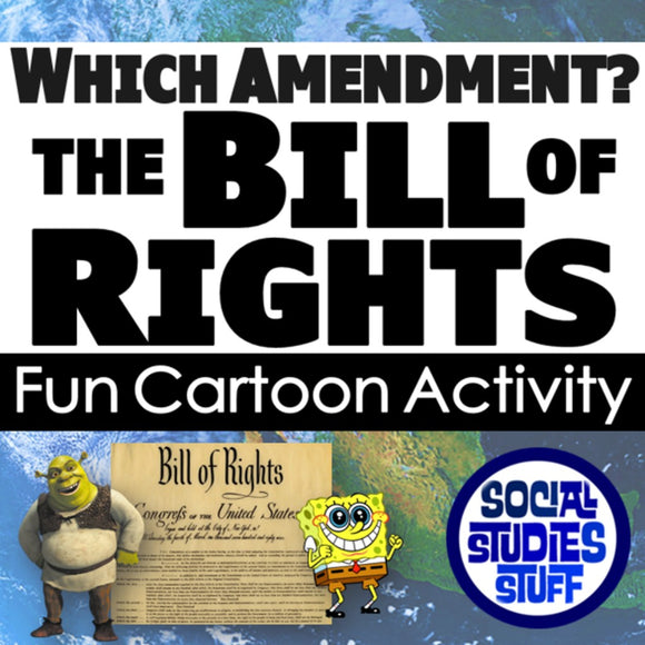 Cartoon characters with a Bill of Rights document and text about the Bill of Rights on a world map background.