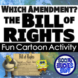 Cartoon characters with a Bill of Rights document and text about the Bill of Rights on a world map background.