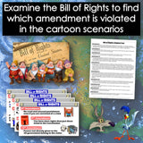 Cartoon characters with a Bill of Rights document and educational materials on a blue background