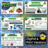 Educational materials on Black Friday with graphics and text on a blue background