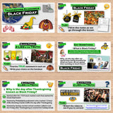 Collection of educational materials on Black Friday with graphics and text.