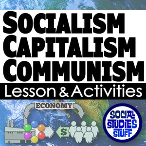 Educational graphic about socialism, capitalism, and communism with a world map background.