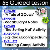 5E Guided Lesson plan with educational activities and a cow illustration on a blue background.