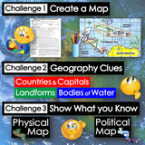 Educational materials for geography learning with maps and text challenges on a blue background.