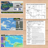 Educational materials on Central America and Caribbean Islands with maps and text on a wooden surface.