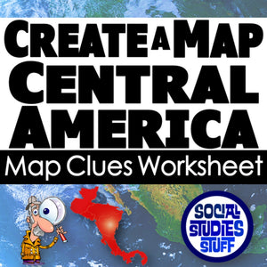 Worksheet titled 'Create a Map Central America' with a map of Central America and a cartoon character holding a globe.