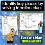Map activity for Central America with a detective illustration and educational materials.