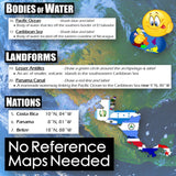 Educational map of Central America with labeled bodies of water, landforms, and nations.