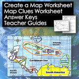 Map worksheet with Caribbean region labeled, answer keys, and teacher guides on a blue ocean background.