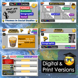 Collection of educational materials on a map background with text and graphics.