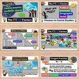 Educational materials on a wooden surface with various topics and graphics.