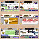Educational software interface with various educational activities on a wooden surface.