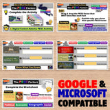 Educational software interface with multiple screens on a wooden surface, featuring Google and Microsoft compatibility text.