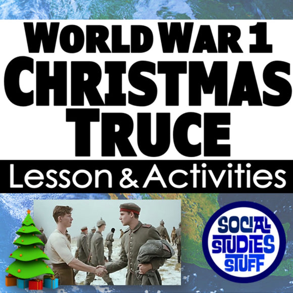 Lesson and activities on World War 1 Christmas Truce with two soldiers shaking hands and a Christmas tree.