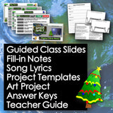 Educational resources including slides, notes, and templates on a blue background with a Christmas tree graphic.