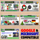 Educational content about World War I on a wooden surface with Google and Microsoft compatibility text.