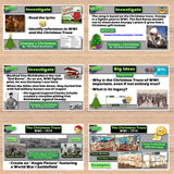 Educational posters about World War I and Snoopy's Christmas on a wooden surface.