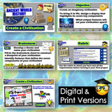 Educational materials for creating an imaginary civilization in ancient world history with digital and print versions.