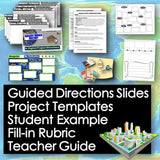 Educational materials including slides, templates, and examples on a world map background.