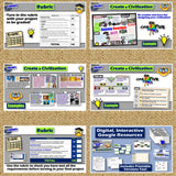 Collection of educational resources and templates for creating a civilization project on a textured background.