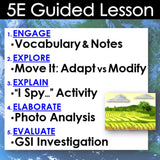 5E Guided Lesson structure with educational activities on a blue background