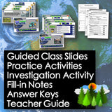 Educational materials including slides, activities, and notes on a natural landscape background.