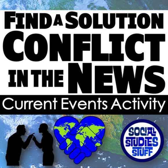 Promotional graphic for a current events activity on conflict in the news with text and silhouettes of people and a world map.