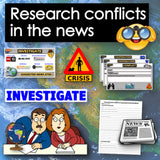 Educational graphic about researching conflicts in the news with icons and text.