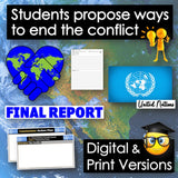 Collage of images related to conflict resolution, including a world map, United Nations logo, and text about students proposing ways to end conflict.