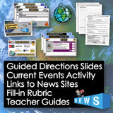 Educational materials with slides, rubric, and links to news sites on a world map background.