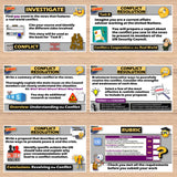 Educational cards on conflict resolution and real-world conflict on a wooden surface