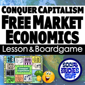 Promotional graphic for a free market economics lesson and boardgame with colorful game boxes and a globe in the background.