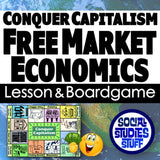 Promotional graphic for a free market economics lesson and boardgame with colorful game boxes and a globe in the background.